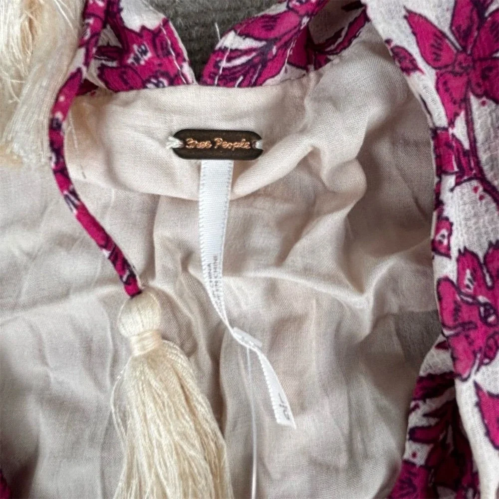 Free People Women's L Pink Floral Tie-Front‎ Midi Dress Bohemian Style